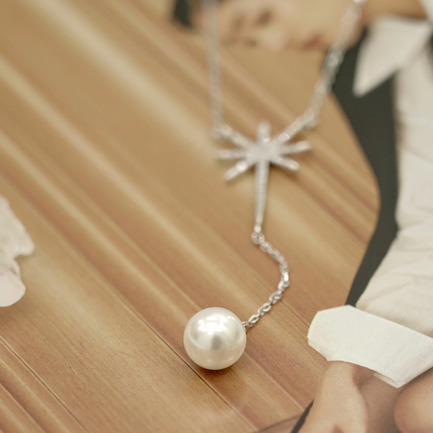 Eight Pointed Star Pearl Zircon Y Necklace in Sterling Silver