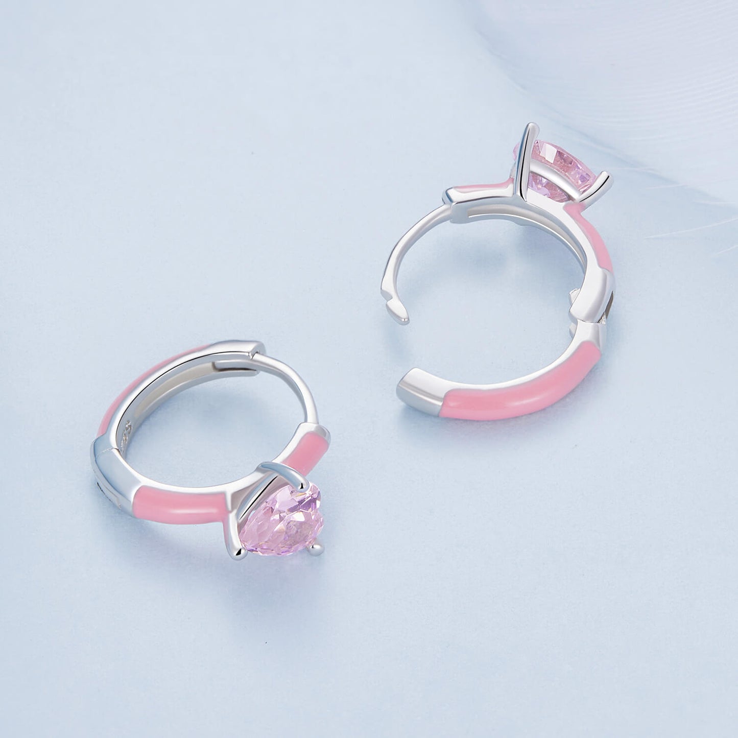 Pink Heart Zirconia Enamel Earrings in Sterling Silver side