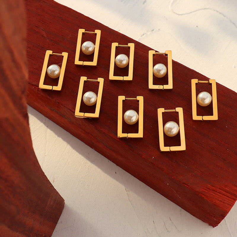 Retangle Pearl Gold Plated Titanium Huggie Earrings