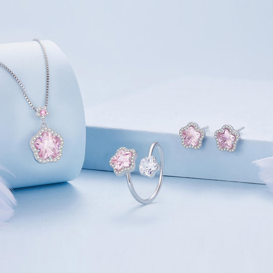 Romantic Cherry Blossom Gems Jewellery Set in Sterling Silver - Feelive