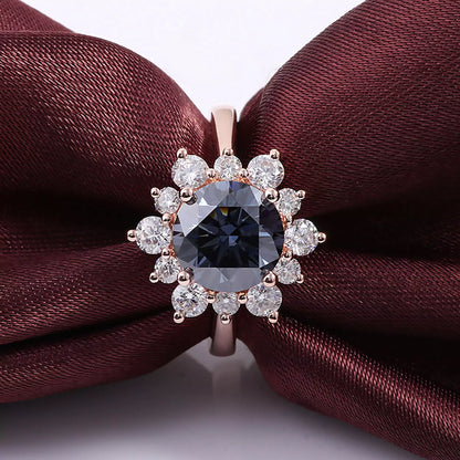 FEELIVE Vintage Blue Sun Moissanite Inlaid 14K Gold Halo Ring (Round Moissanite)