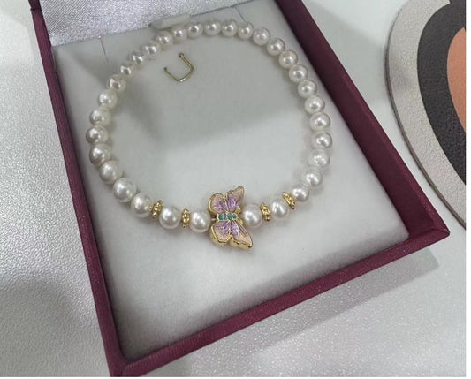 24K Pure Gold Butterfly Enamel Pearl Bracelet
