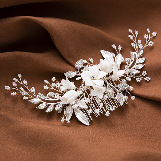 Ceramic White Flowers Leaves Bridal Hair Comb Wedding Hair Accessories