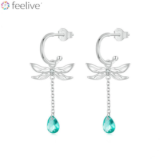 Lake Green Dragonfly Half Huggie Earrings in Sterling Silver - Feelive