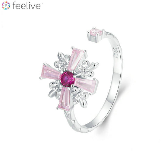 Pink Iris Cross Zircon Ring in Sterling Silver - Feelive