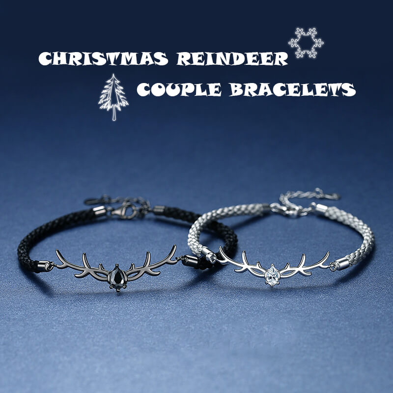 Christmas Reindeer Zircon Braided Couple Bracelets in Sterling Silver - Feelive