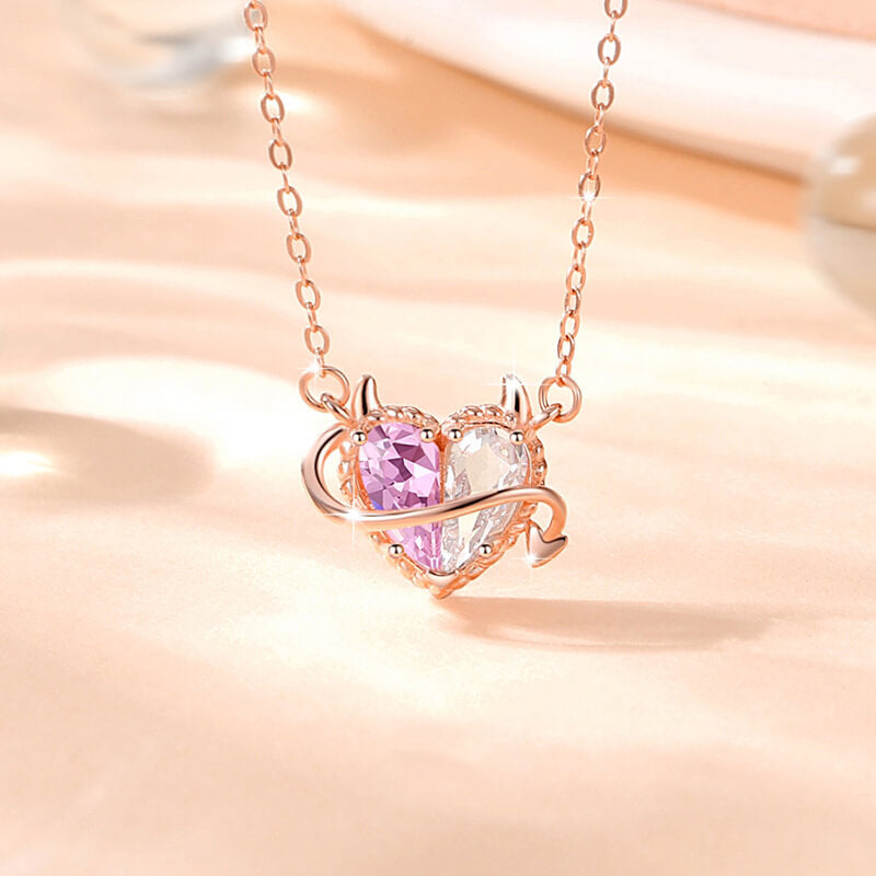 Pink Devil Heart Pendant Zirconia Rose Gold Necklace in Sterling Silver