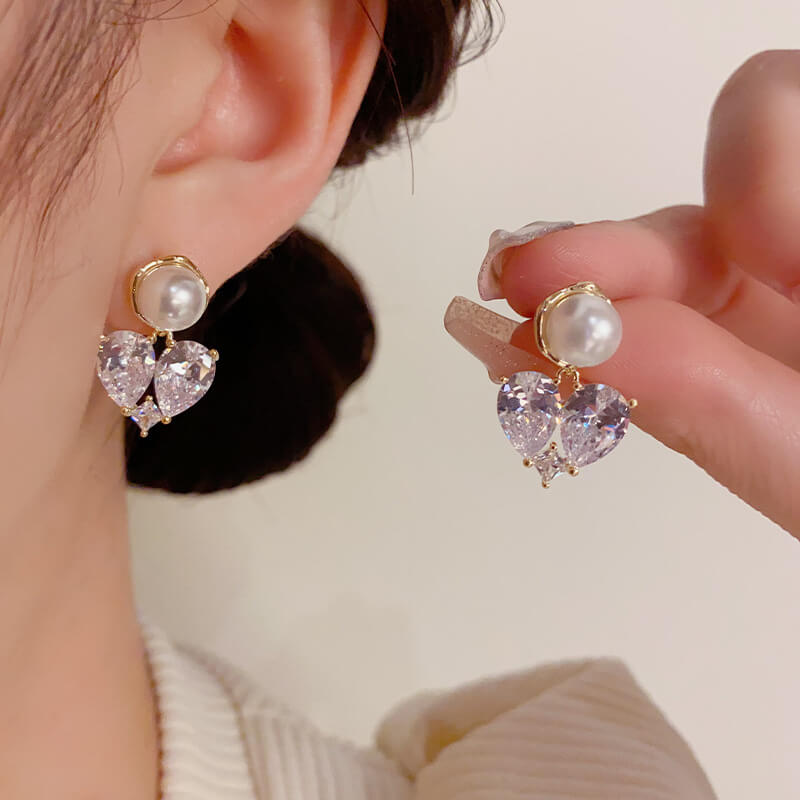 FEELIVE Vintage Elegant Heart Shaped Zircon Pearl Earrings