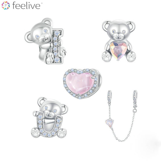 Pink Love Bear Gems Charm Set in Sterling Silver - Feelive