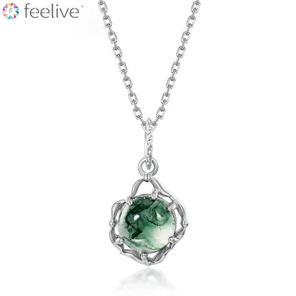 Easy Style Moss Agate Pendant Necklace in Sterling Silver - Feelive