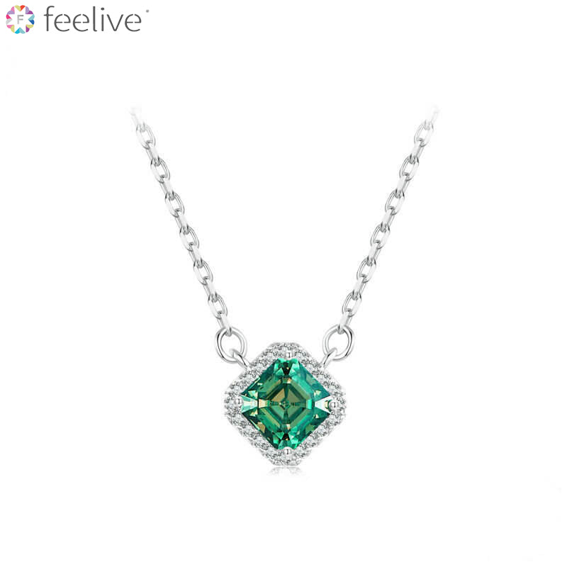 Green Asscher Moissanite Pendant Necklace in Sterling Silver - Feelive