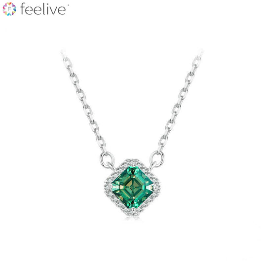 Green Asscher Moissanite Pendant Necklace in Sterling Silver - Feelive