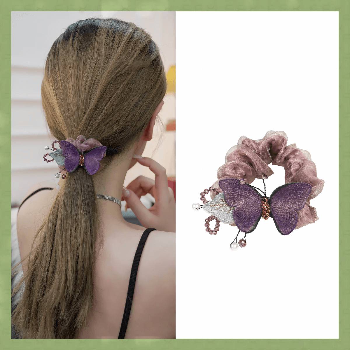 Forest Fashion Brown Flower and Purple Butterfly Hair Scrunchie butterfly model