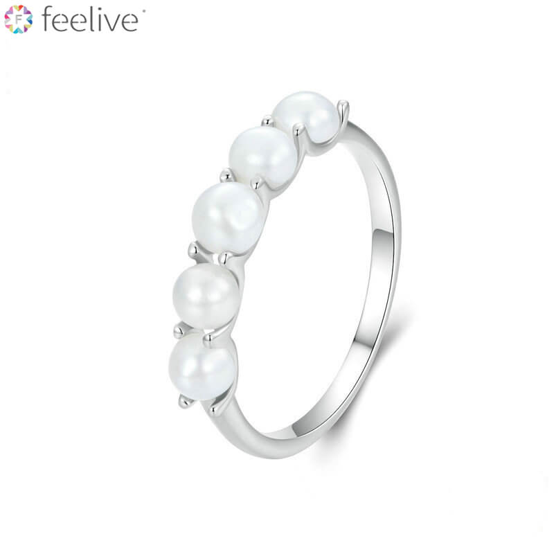 Elegant Pearl Half Eternity Ring in Sterling Silver - Feelive