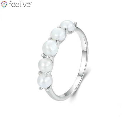 Elegant Pearl Half Eternity Ring in Sterling Silver - Feelive