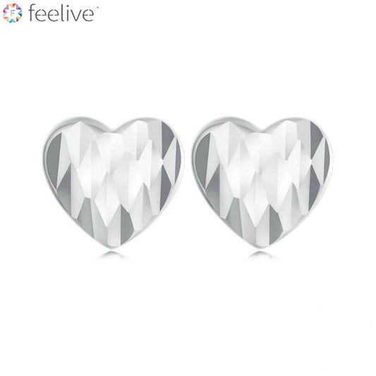 Diamond Cut Pattern Heart Stud Earrings in Sterling Silver - Feelive