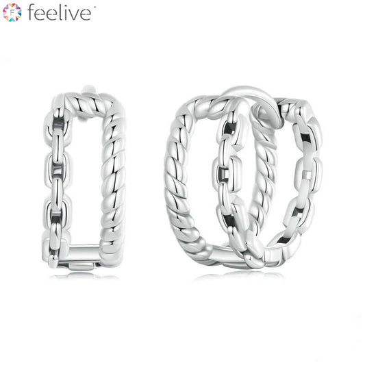 Chain and Hemp Rope Stitching Huggie Earrings in Sterling Silver - Feelive