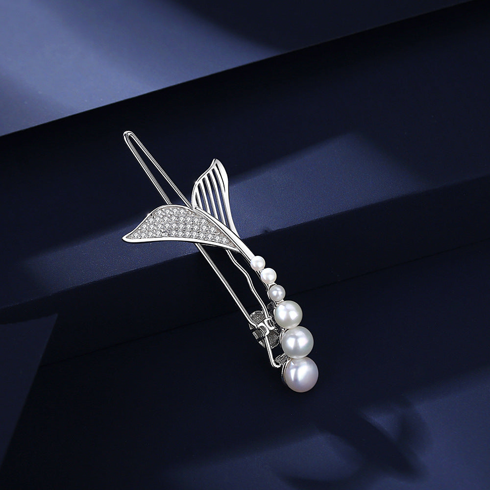 Beautiful Fishtail Pearl Zircon Hair Barrette Clip in Sterling Silver 