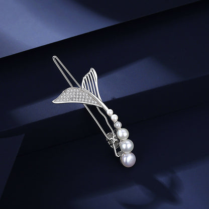 Beautiful Fishtail Pearl Zircon Hair Barrette Clip in Sterling Silver 