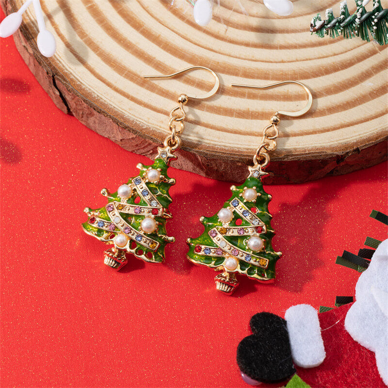 Vintage Christmas Tree Gems Alloy Drop Earrings