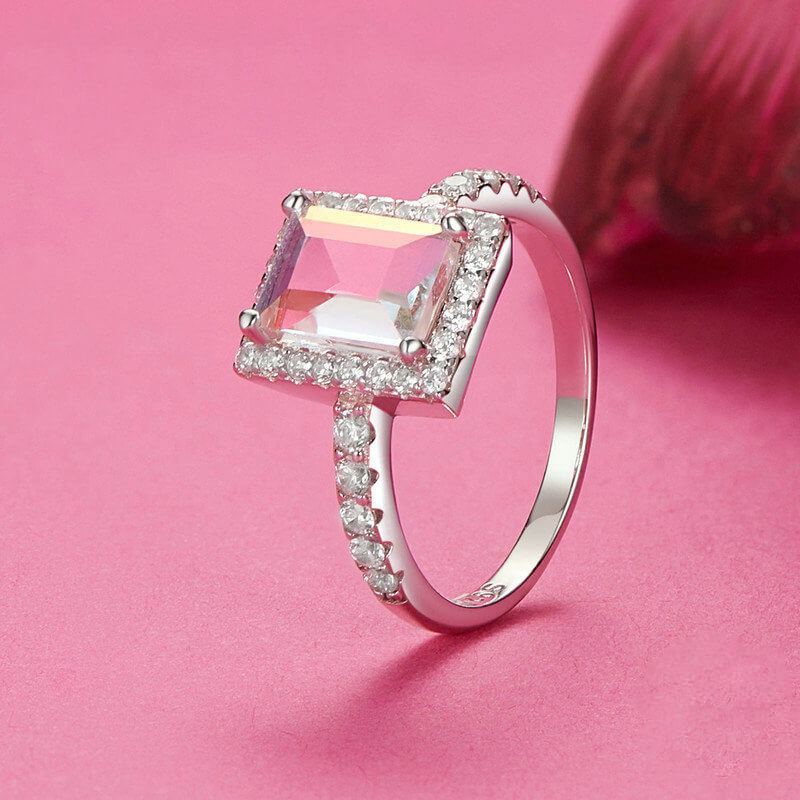 Dreamy Pink Baguette-cut Gem Halo Ring in Sterling Silver side