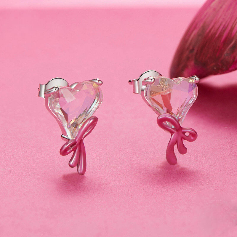 Sweet Pink Bow Heart Gem Stud Earrings in Sterling Silver