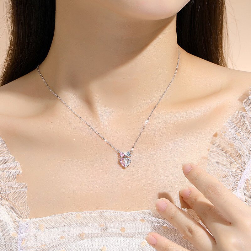 Pink Bow Heart Zirconia Necklace in Sterling Silver model