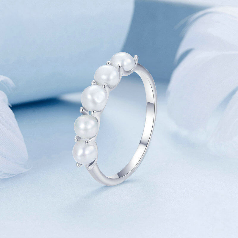 Elegant Pearl Half Eternity Ring in Sterling Silver side