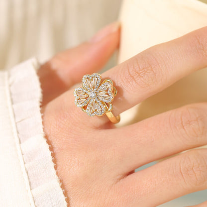 FEELIVE Creative Rotating Lucky Four-leaf Clover Zircon Ring