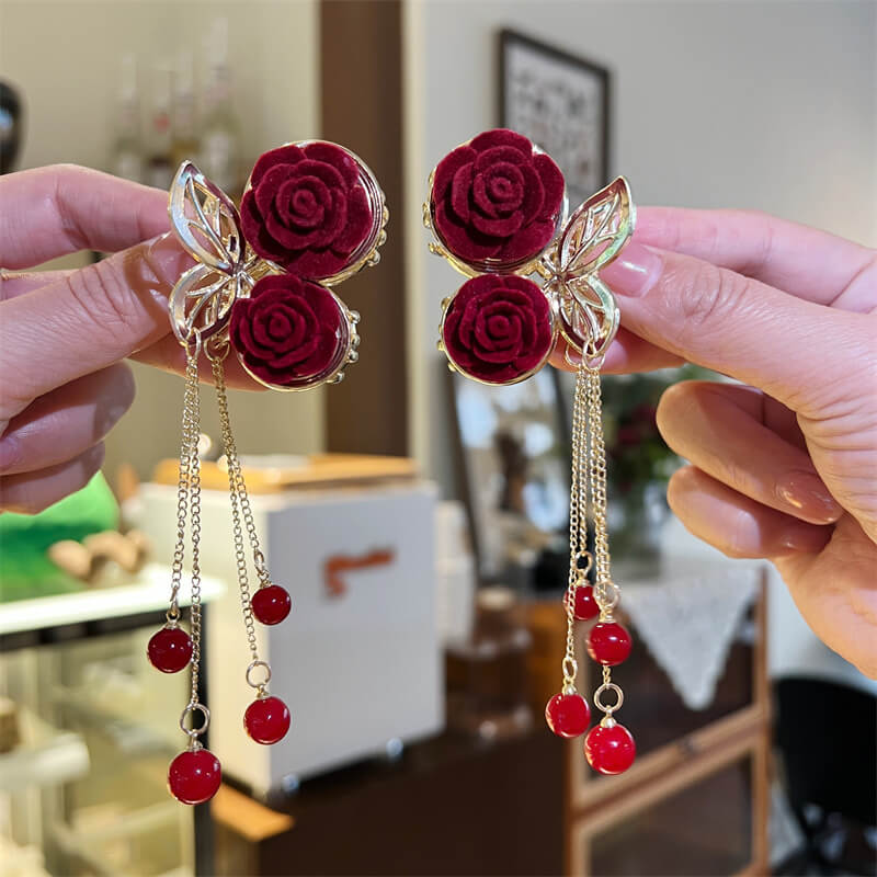 Elegant Red Rose Tassel Flocking Hair Claw Clip in Alloy cherry