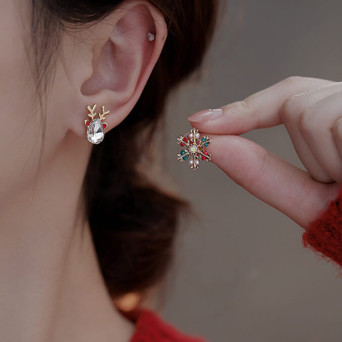 FEELIVE Christmas Reindeer Snowflake Zircon Asymmetric Earrings