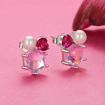 Pink Heart Gem Pearl Stud Earrings in Sterling Silver side