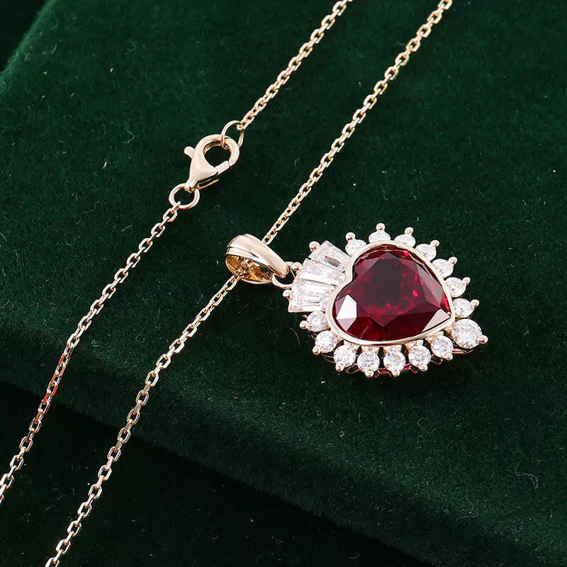 FEELIVE Vintage Red Heart Moissanite Halo Necklace (Heart Moissanite)