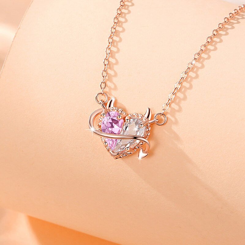 Pink Devil Heart Pendant Zirconia Necklace in Sterling Silver side