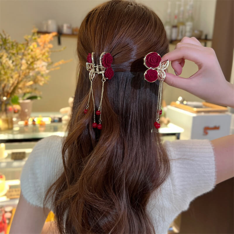 Elegant Red Rose Tassel Flocking Hair Claw Clip in Alloy cherry model