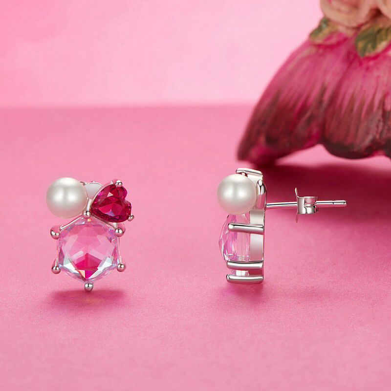 Pink Heart Gem Pearl Stud Earrings in Sterling Silver front and side