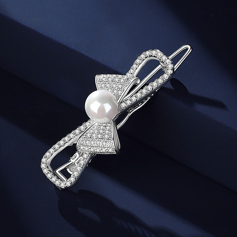 Chic Style Bow-knot Pearl Zircon Hair Barrette in Sterling Silver 