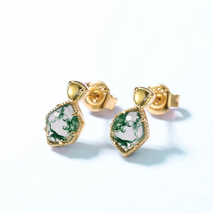 Vintage Trimmed Green Moss Agate Gold Vermeil Earrings side