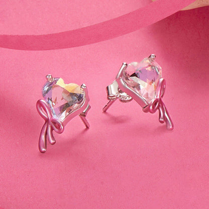 Sweet Pink Bow Heart Gem Stud Earrings in Sterling Silver 