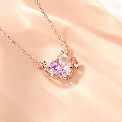 Pink Devil Heart Pendant Zirconia Necklace in Sterling Silver side