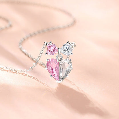 Pink Bow Heart Zirconia Necklace in Sterling Silver front