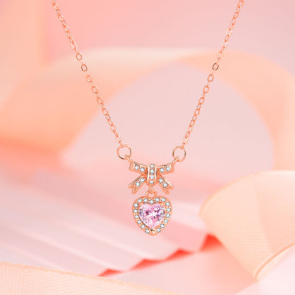 Sweet Princess Bow Heart Zirconia Necklace in Sterling Silver - rose gold