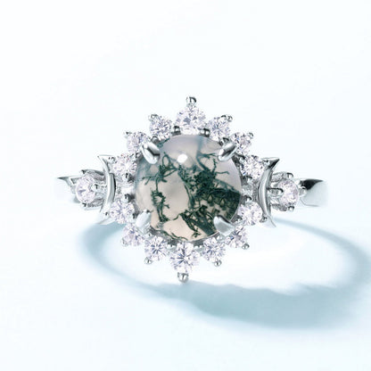 Luxury Style Moss Agate Halo Ring in Sterling Silver front