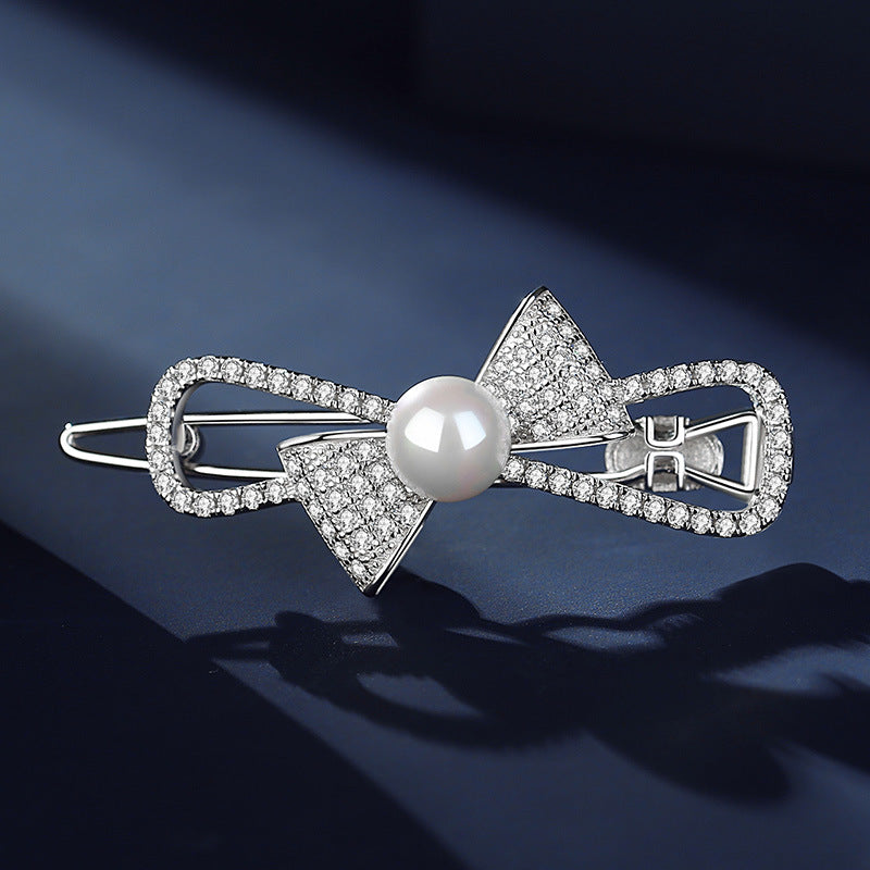 Chic Style Bow-knot Pearl Zircon Hair Barrette in Sterling Silver - Feelive