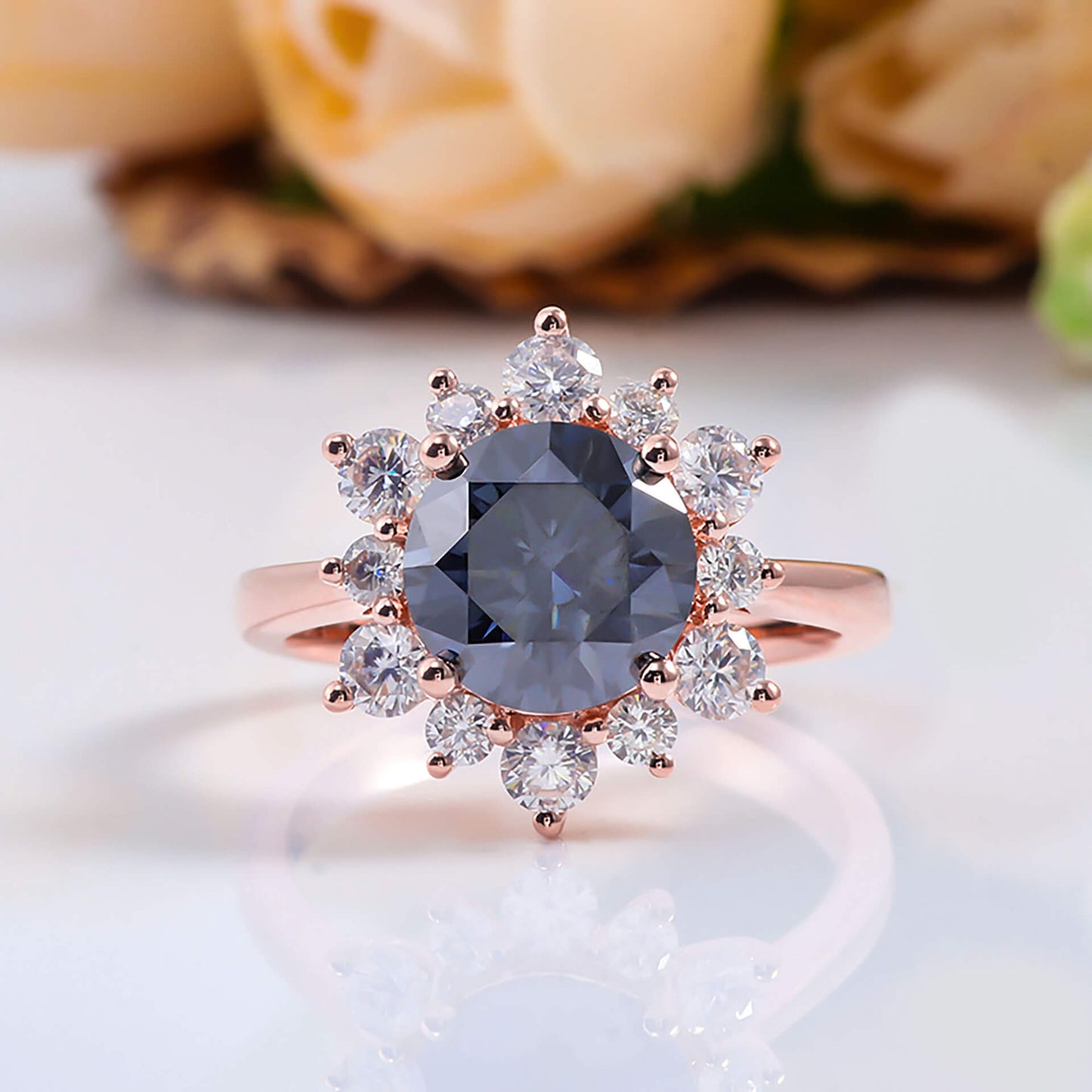 FEELIVE Vintage Blue Sun Moissanite Inlaid 14K Gold Halo Ring (Round Moissanite)