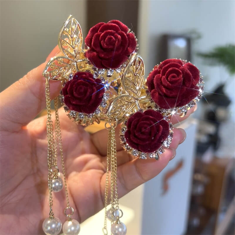 Elegant Red Rose Tassel Flocking Hair Claw Clip in Alloy pearl