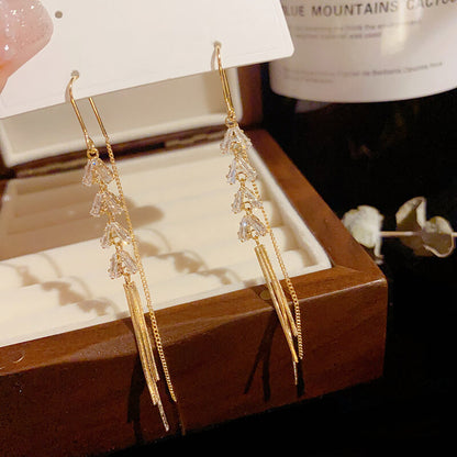 FEELIVE Elegant Style Wheat Tassel Zircon Long Threader Earrings