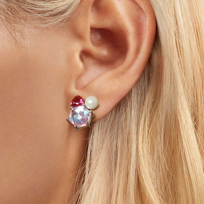 Pink Heart Gem Pearl Stud Earrings in Sterling Silver model