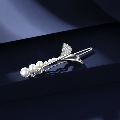 Beautiful Fishtail Pearl Zircon Hair Barrette Clip in Sterling Silver