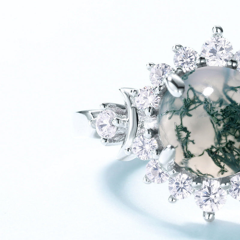 Luxury Style Moss Agate Halo Ring in Sterling Silver detail